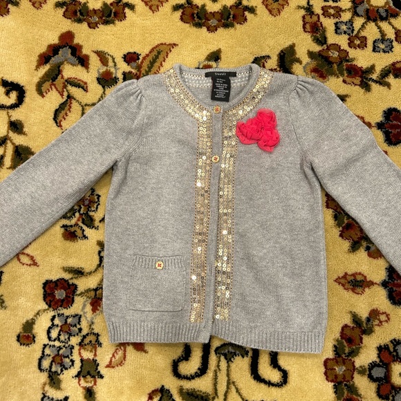 Tahari Gray Cardigan with Gold Sequins and Pink Flower - Picture 1 of 4